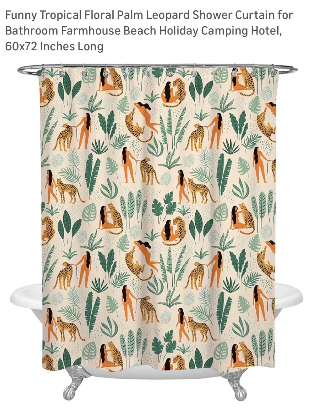 Cute Tropical Leopard & Lady Shower Curtain - Cream & Green 60x72 inches long